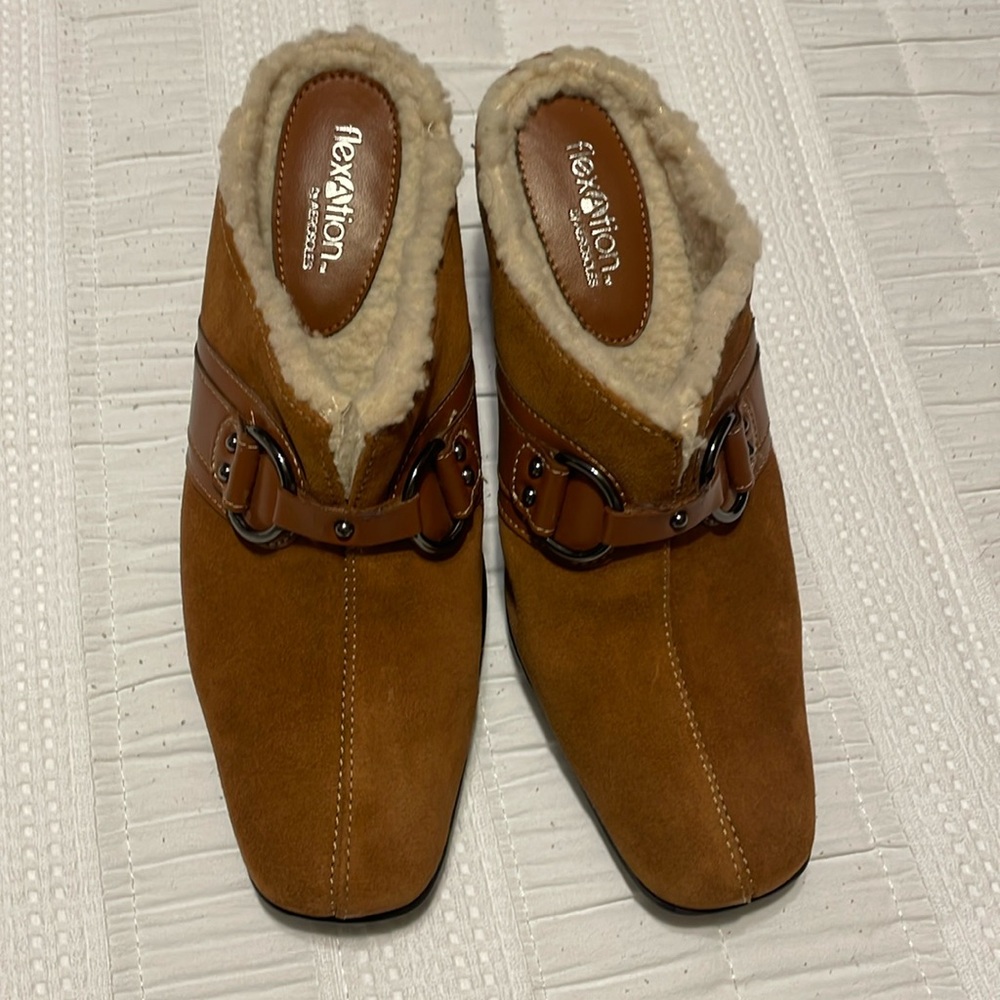 AEROSOLES Snapestry Brown Real Suede Heeled Mules with Buckle